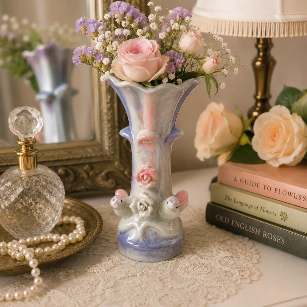 Vintage Iridescent Lusterware Bird Bud Vase Pink Blue Roses Japan 7.5